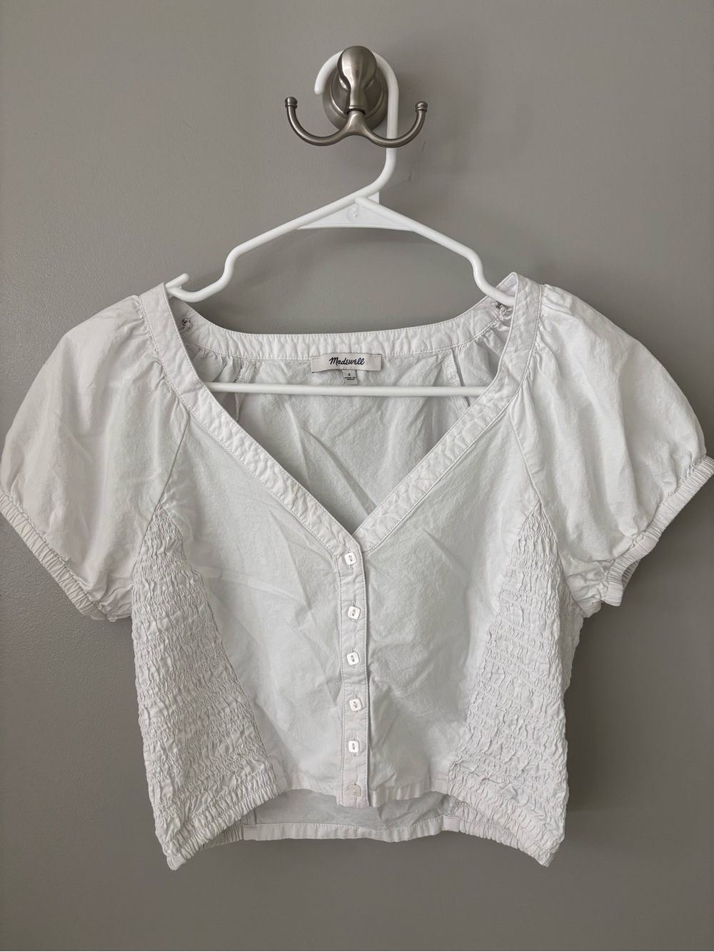 Madewell White Short-Sleeve Smocked Button Crop Top